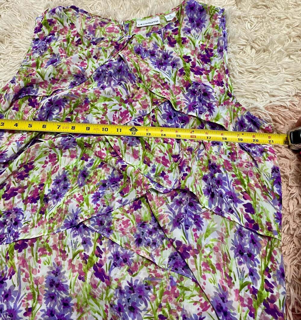 Liz Claiborne Botanical Brights Purple Floral Sleeveless Ruffle Blouse - Picture 5 of 5
